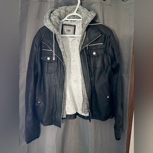 YMI Black Leather Jacket with Gray Hoodie fleece lined